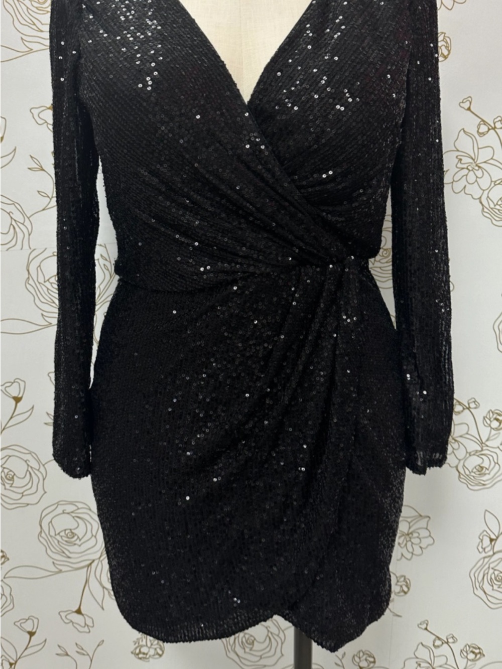 Black Sequin Wrap Mini Dress with Long Sleeves